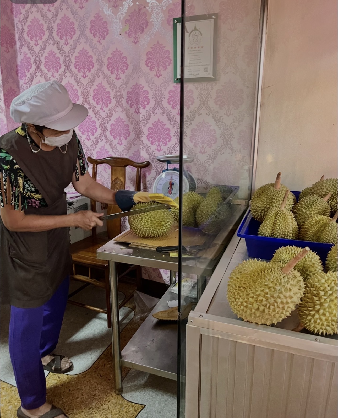 Durian tray ready to eat at a Bangkok market