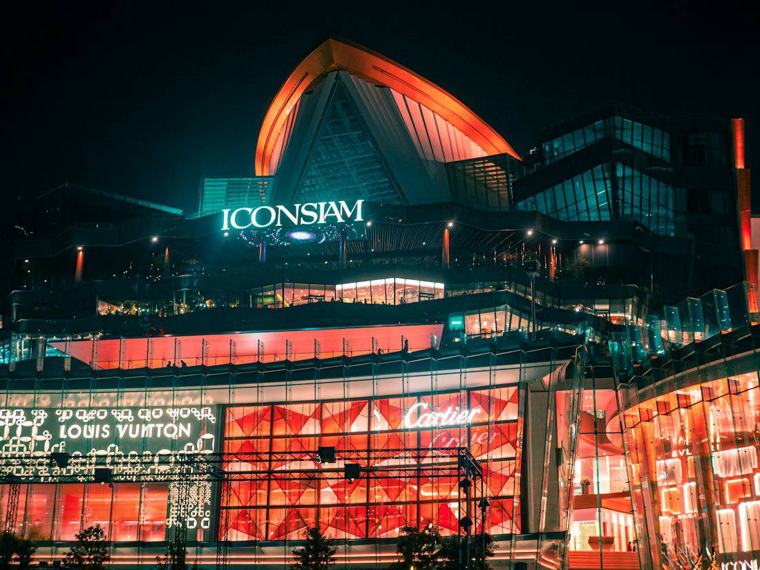 ICONSIAM shopping mall lit up at night in Bangkok