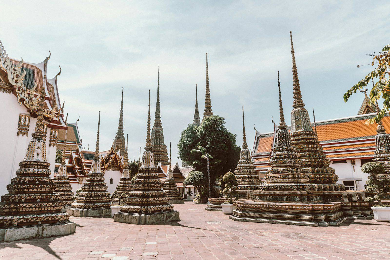 Decorated chedis in the courtyard of Wat Pho in Bangkok