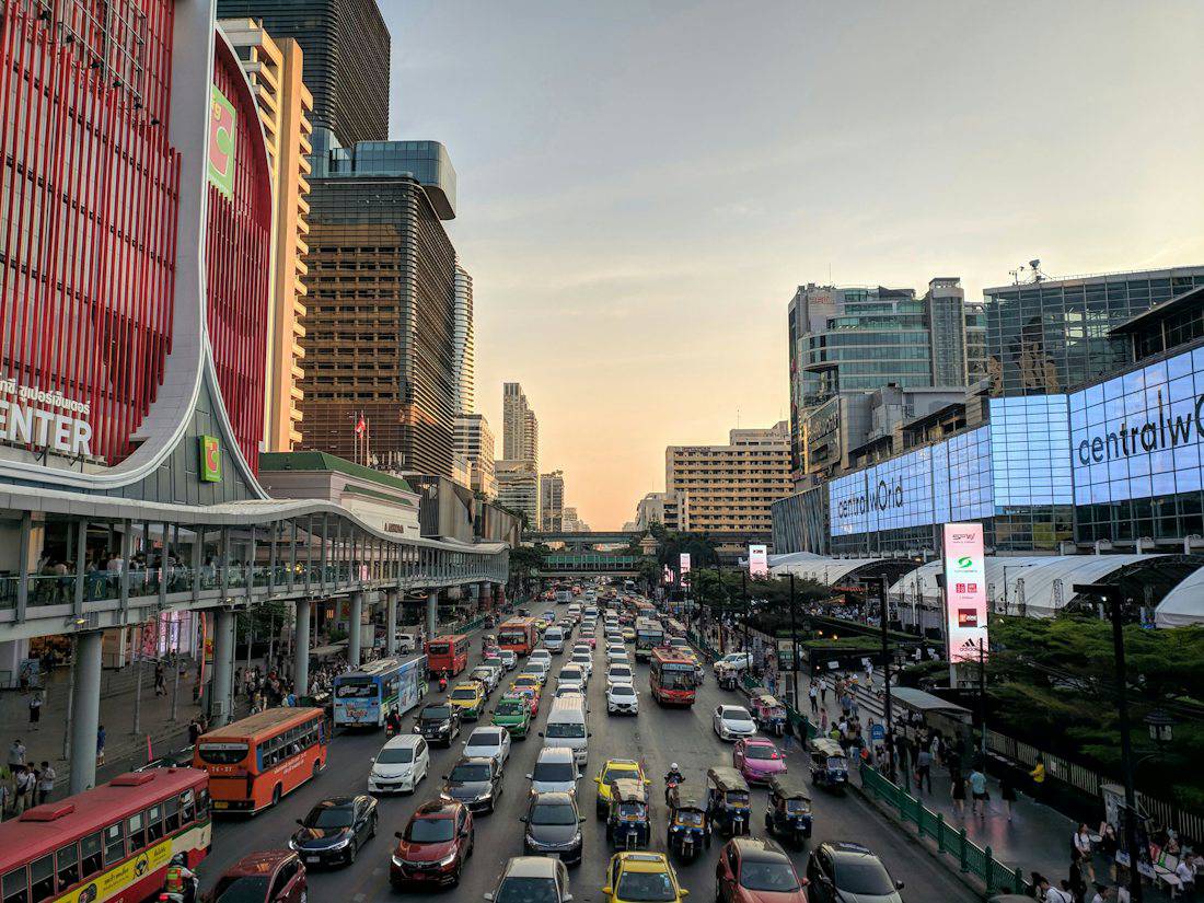 Evening traffic beside the malls around Siam and MBK in Bangkok
