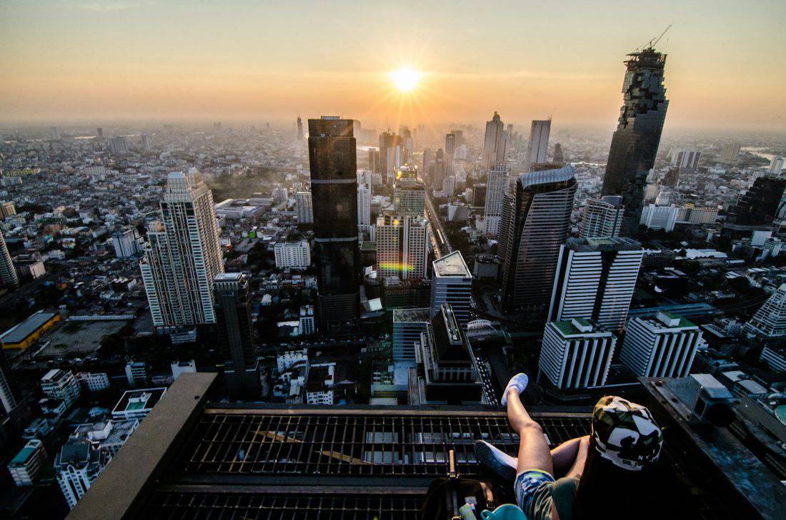 Sunset over central Bangkok seen from a rooftop