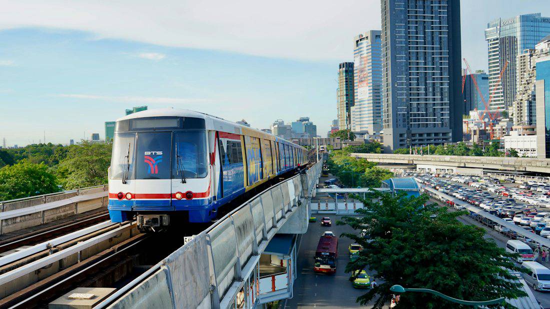 BTS Skytrain passing the Bangkok skyline