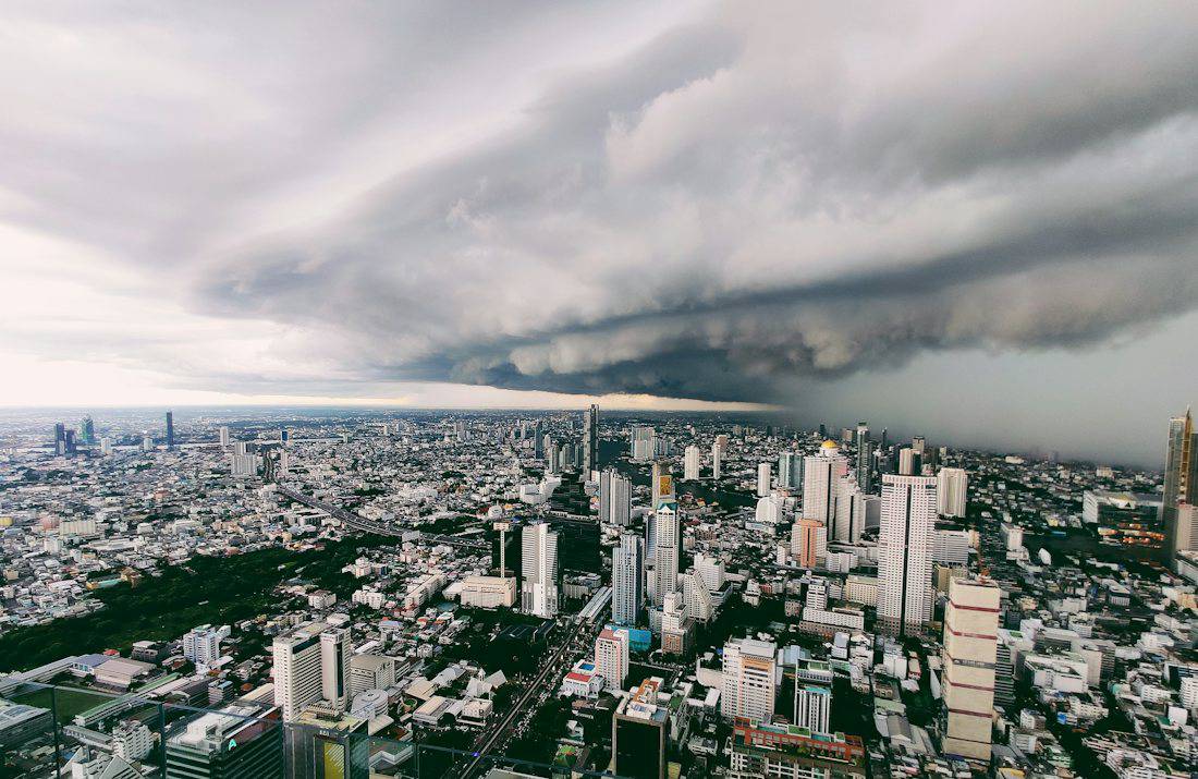 Storm clouds rolling over the Bangkok skyline
